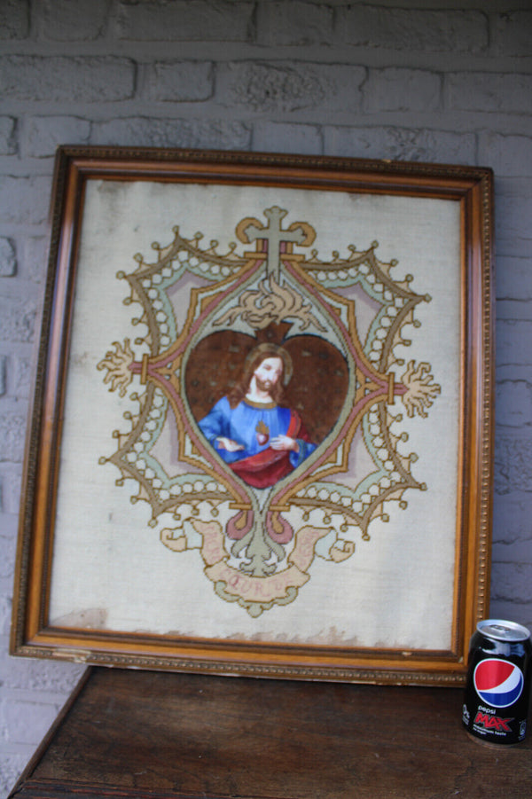 Antique embroidery sacred heart christ portrait frame religious handwork 19thc