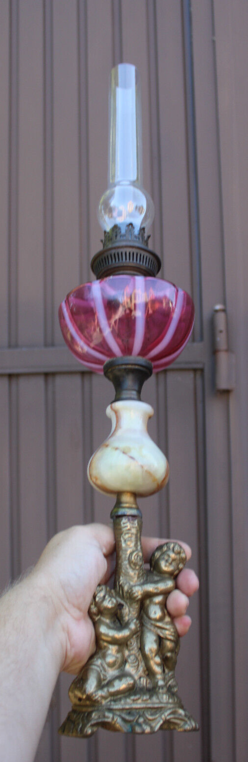 Antique Bronze onyx glass putti cherub oil lamp rare