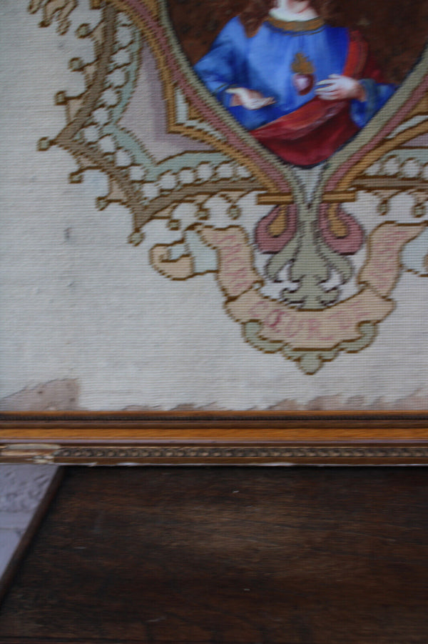 Antique embroidery sacred heart christ portrait frame religious handwork 19thc