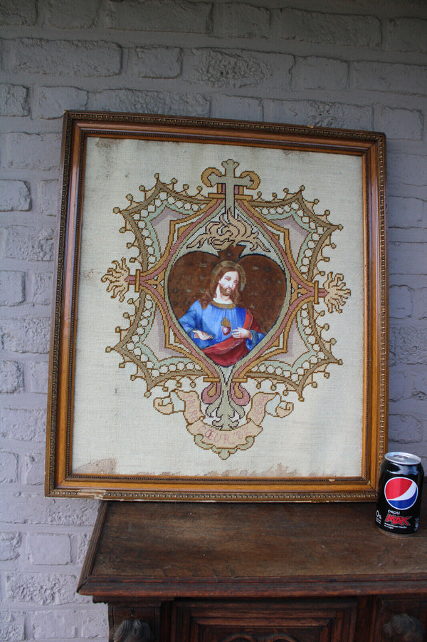 Antique embroidery sacred heart christ portrait frame religious handwork 19thc