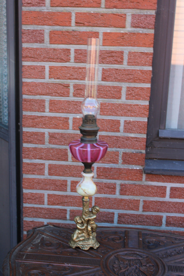 Antique Bronze onyx glass putti cherub oil lamp rare