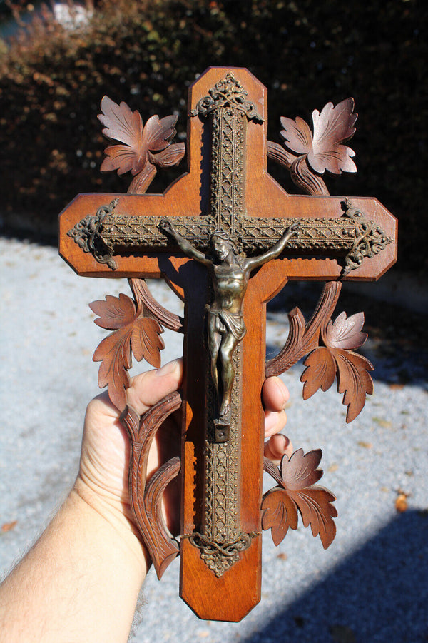 Antique french wood carved wall crucfifix