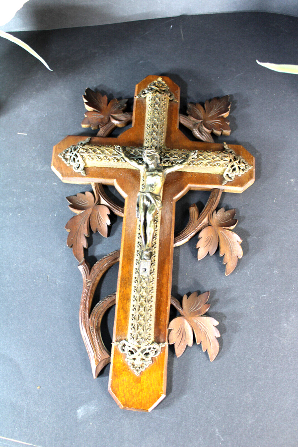 Antique french wood carved wall crucfifix