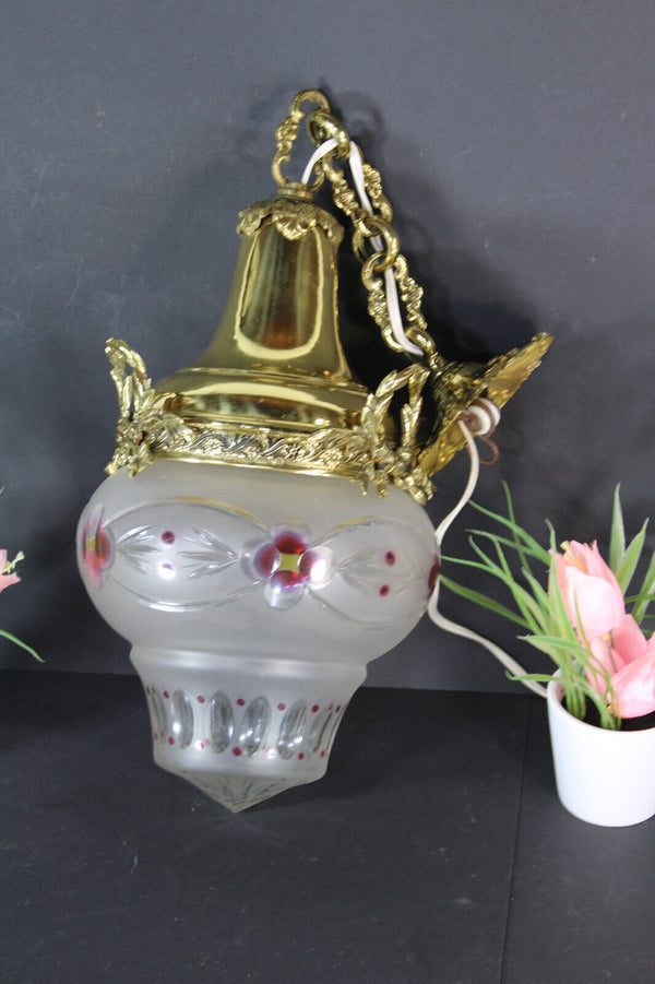 French antique brass glass enamel floral bowl lantern lamp chandelier pendant