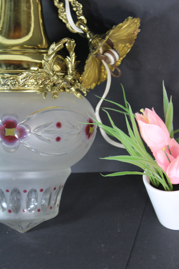 French antique brass glass enamel floral bowl lantern lamp chandelier pendant