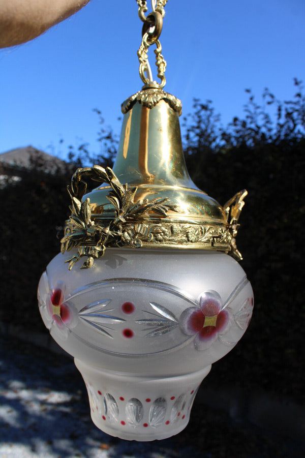 French antique brass glass enamel floral bowl lantern lamp chandelier pendant