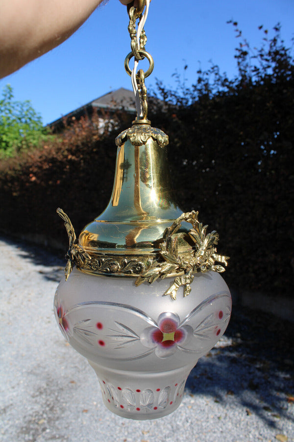 French antique brass glass enamel floral bowl lantern lamp chandelier pendant