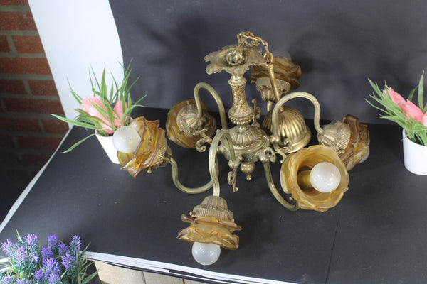 Antique bronze amber glass tulip shades chandelier lamp lightning