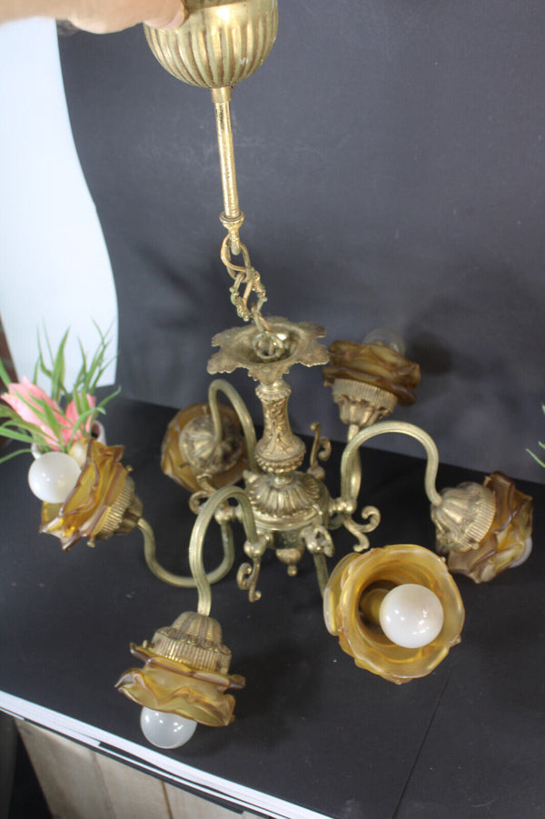 Antique bronze amber glass tulip shades chandelier lamp lightning