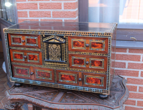 Antique 19thc Flemish Antwerp Marquetry inlay brass show cabinet rare