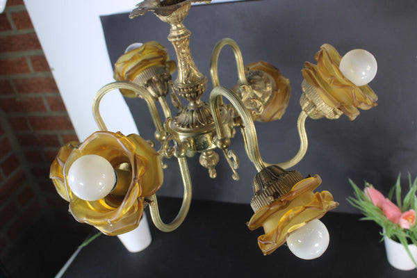 Antique bronze amber glass tulip shades chandelier lamp lightning