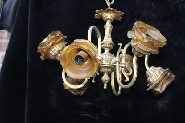 Antique bronze amber glass tulip shades chandelier lamp lightning