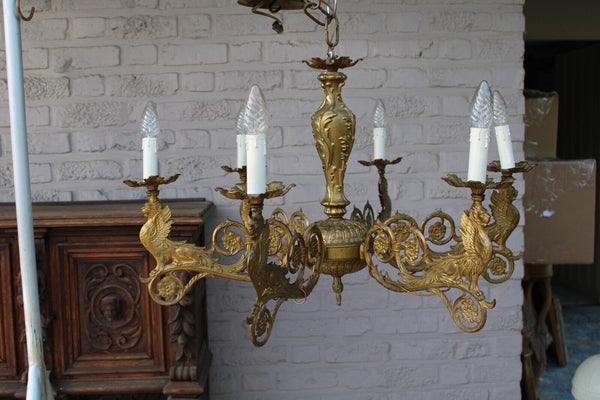 Antique Bronze 6 arm heraldic winged lion chandelier lamp rare
