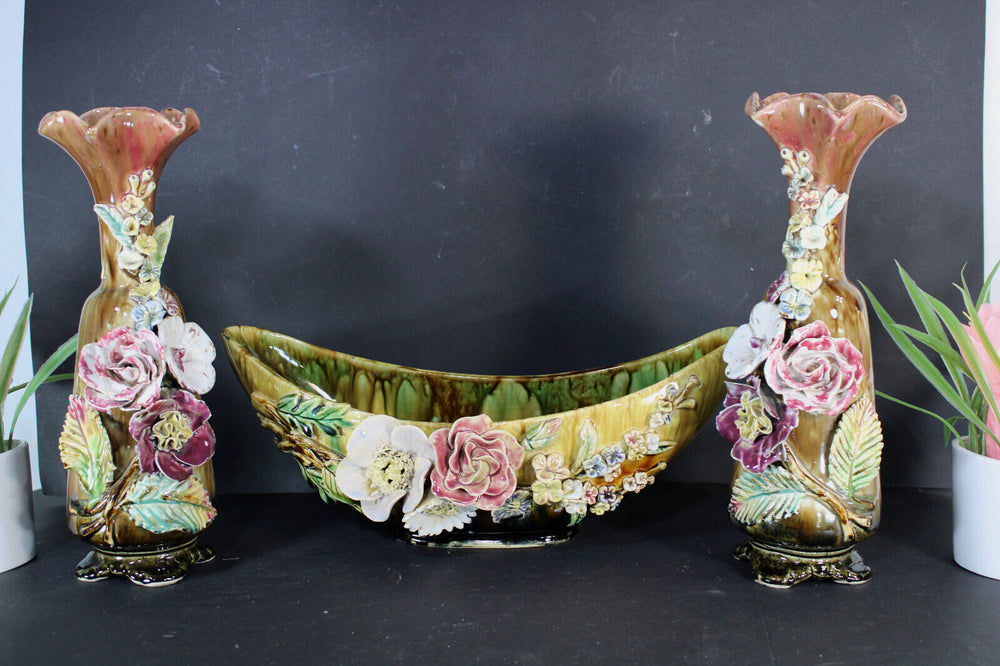 Antique art nouveau barbotine majolica mantel set vases floral decor