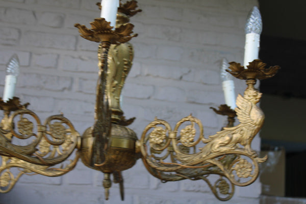Antique Bronze 6 arm heraldic winged lion chandelier lamp rare