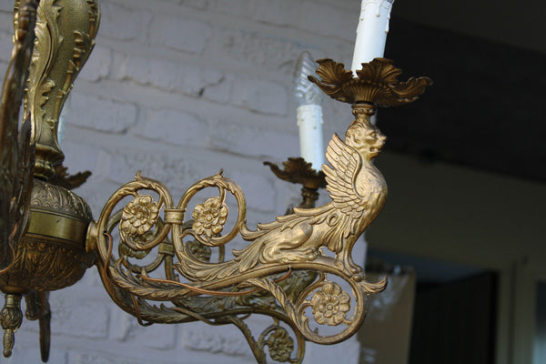 Antique Bronze 6 arm heraldic winged lion chandelier lamp rare
