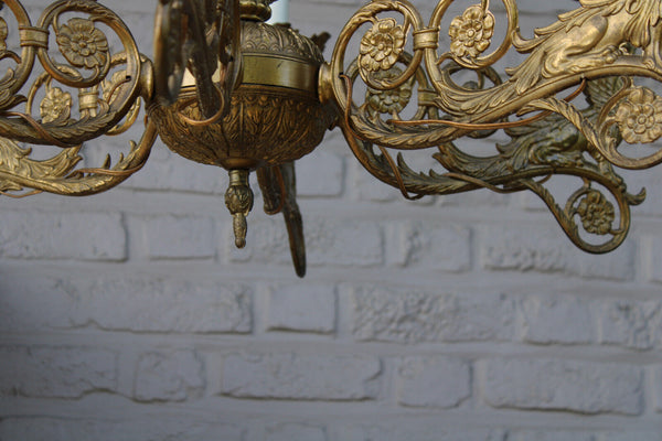 Antique Bronze 6 arm heraldic winged lion chandelier lamp rare