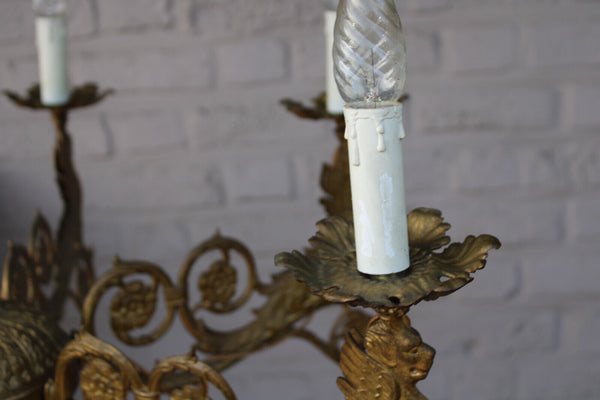 Antique Bronze 6 arm heraldic winged lion chandelier lamp rare