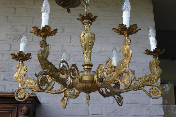 Antique Bronze 6 arm heraldic winged lion chandelier lamp rare