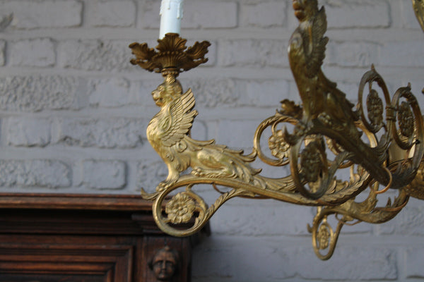 Antique Bronze 6 arm heraldic winged lion chandelier lamp rare