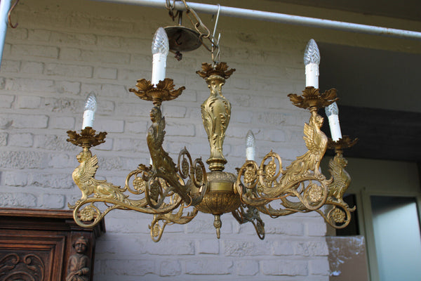 Antique Bronze 6 arm heraldic winged lion chandelier lamp rare