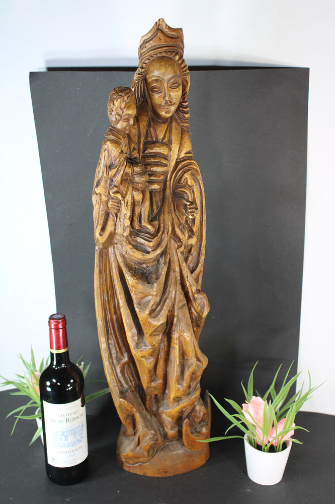 Antique 29,5" XL French wood carved madonna child statue figurine