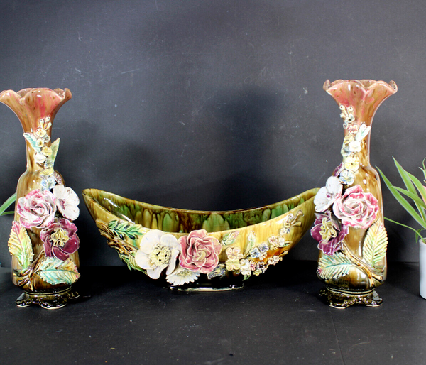 Antique art nouveau barbotine majolica mantel set vases floral decor