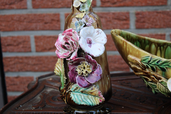 Antique art nouveau barbotine majolica mantel set vases floral decor