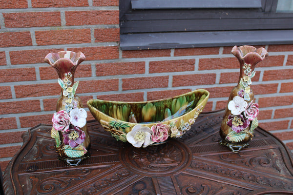 Antique art nouveau barbotine majolica mantel set vases floral decor