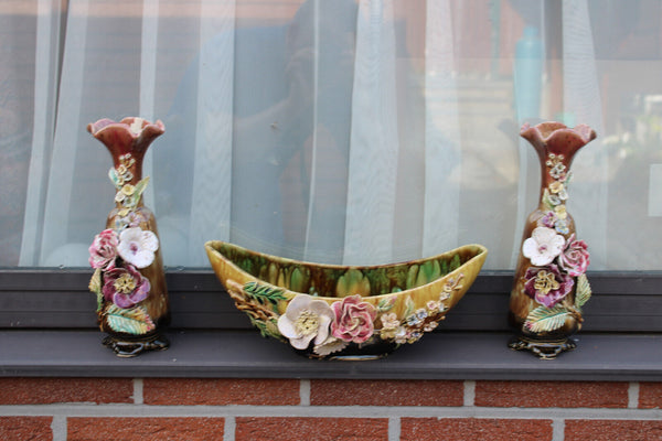 Antique art nouveau barbotine majolica mantel set vases floral decor