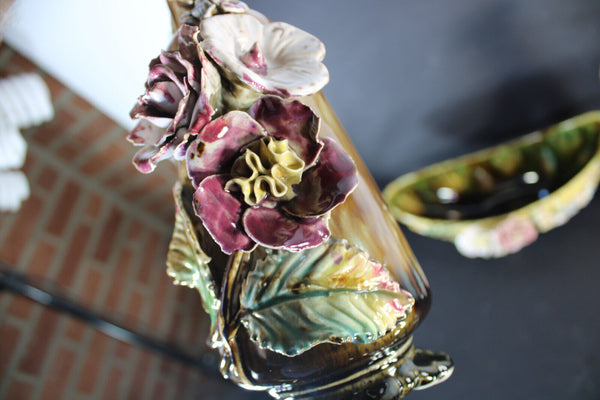 Antique art nouveau barbotine majolica mantel set vases floral decor