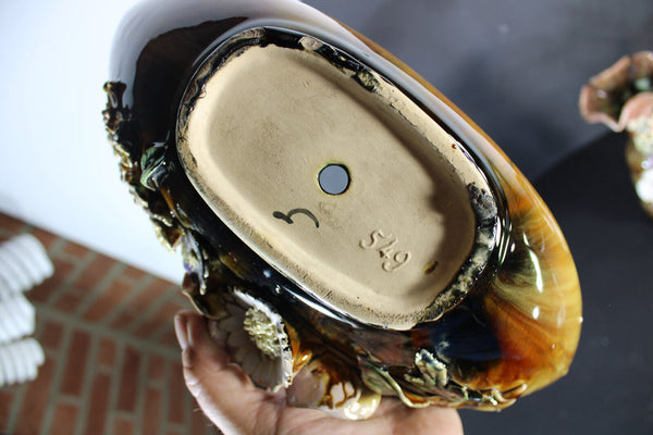 Antique art nouveau barbotine majolica mantel set vases floral decor