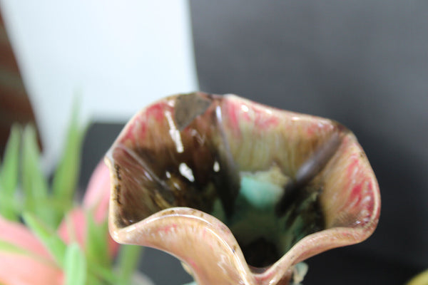 Antique art nouveau barbotine majolica mantel set vases floral decor