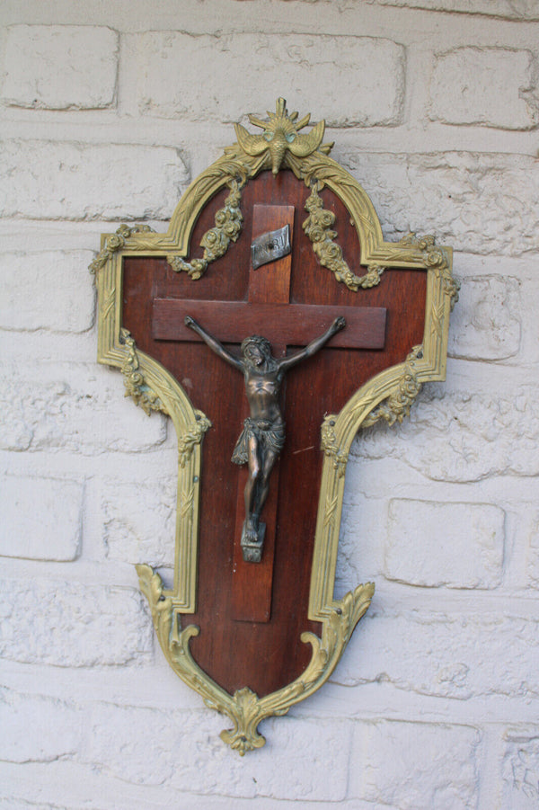 Antique french bronze wood wall crucifix frame plaque holy spirit rare