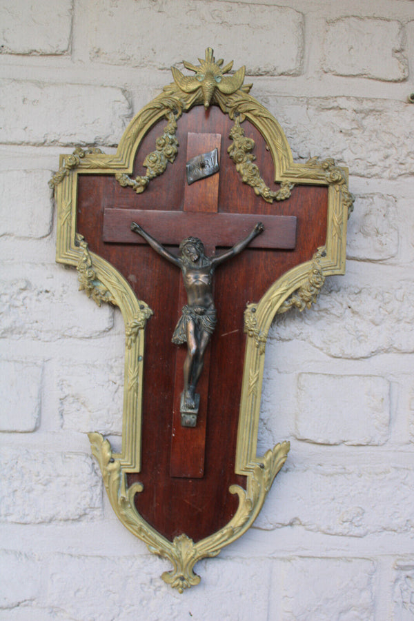 Antique french bronze wood wall crucifix frame plaque holy spirit rare