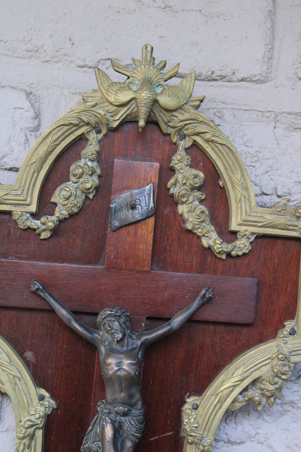 Antique french bronze wood wall crucifix frame plaque holy spirit rare