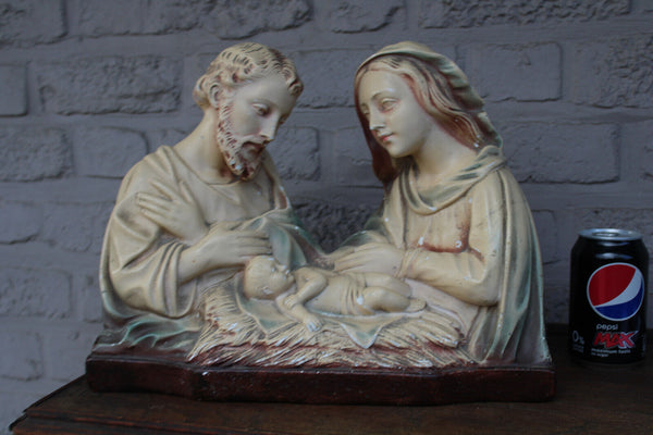 Antique Belgian ARNOVA marked ceramic chalk holy family statue mary joseph jesus