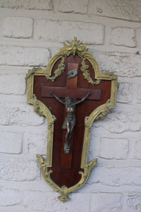 Antique french bronze wood wall crucifix frame plaque holy spirit rare