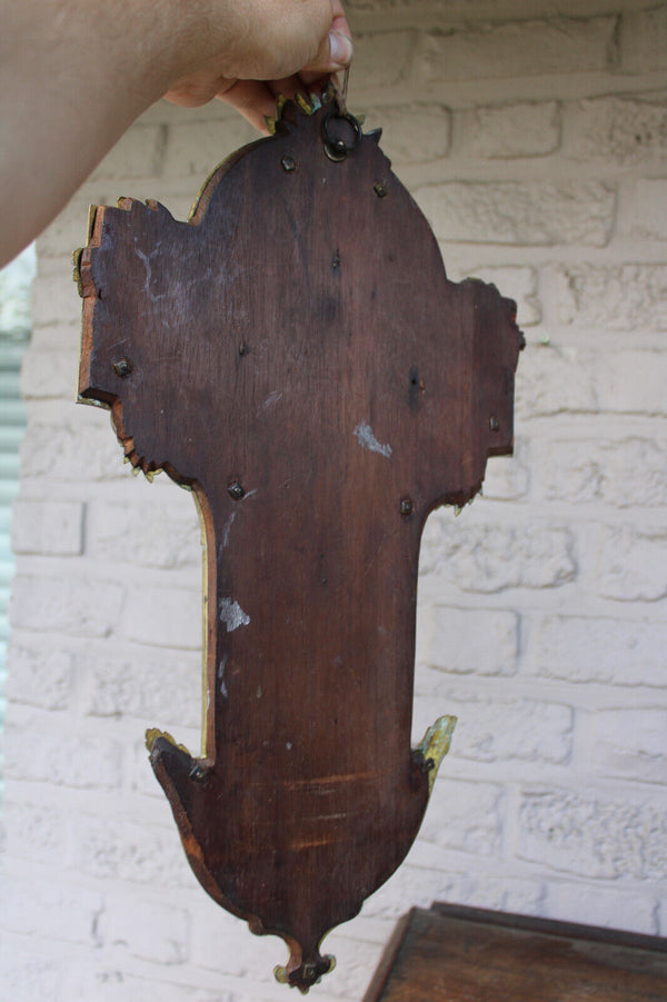Antique french bronze wood wall crucifix frame plaque holy spirit rare