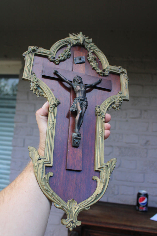 Antique french bronze wood wall crucifix frame plaque holy spirit rare