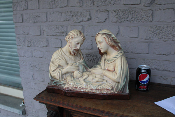 Antique Belgian ARNOVA marked ceramic chalk holy family statue mary joseph jesus
