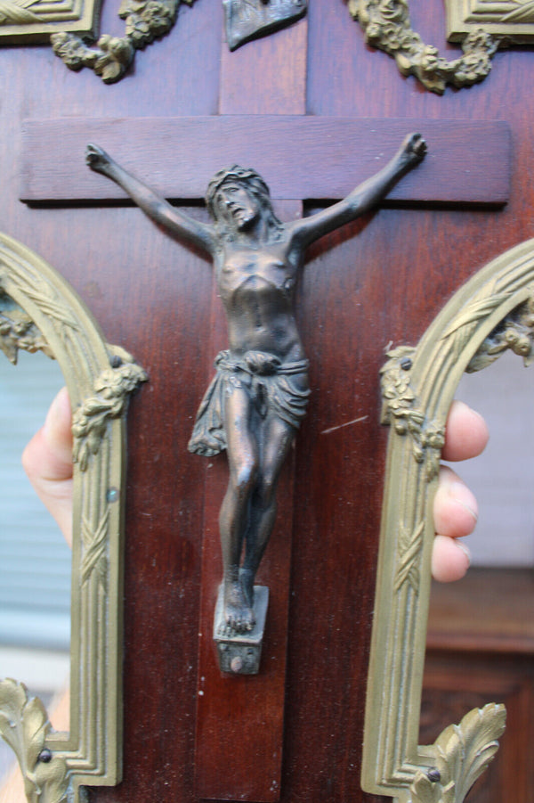 Antique french bronze wood wall crucifix frame plaque holy spirit rare