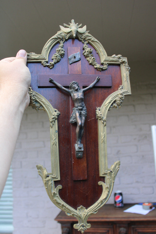 Antique french bronze wood wall crucifix frame plaque holy spirit rare