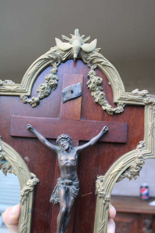 Antique french bronze wood wall crucifix frame plaque holy spirit rare