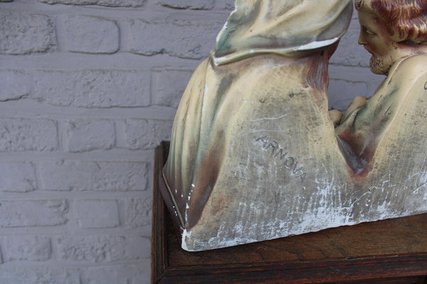 Antique Belgian ARNOVA marked ceramic chalk holy family statue mary joseph jesus