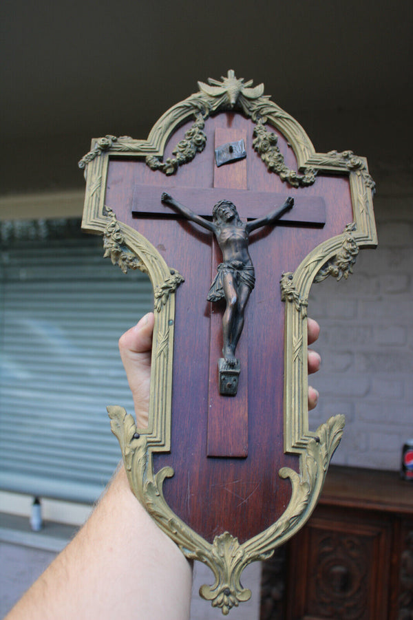 Antique french bronze wood wall crucifix frame plaque holy spirit rare