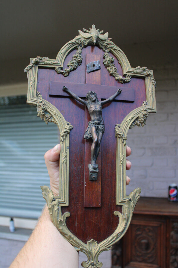 Antique french bronze wood wall crucifix frame plaque holy spirit rare