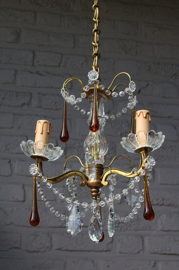 Vintage 1970 French crystal murano glass drops clear amber chandelier lamp