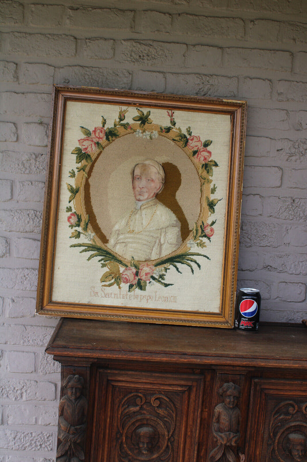 Antique embroidery handwork of pope leo XIII portrait french religious frame
