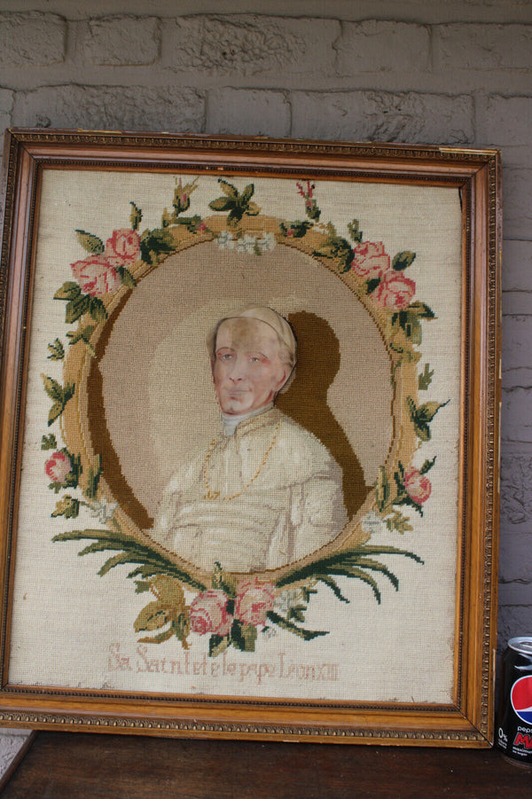 Antique embroidery handwork of pope leo XIII portrait french religious frame